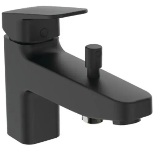 Schwarze Armatur von Ideal Standard mit Bedienhebel und Auslauf, geeignet für die Montage am Wannenrand. Klarer, funktionaler Stil.